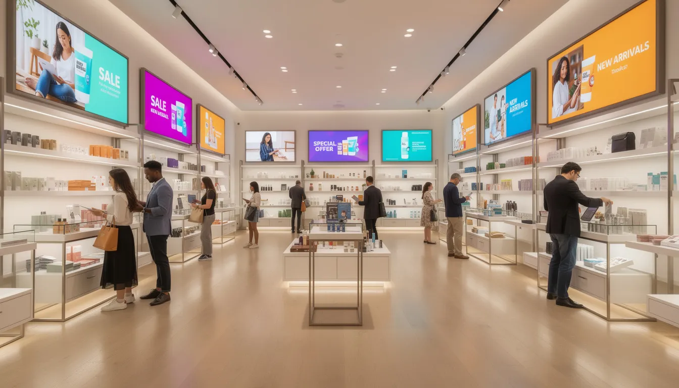 The image depicts the interior of a modern retail store bustling with shoppers, who are engaging with digital display screens showcasing targeted promotions and dynamic content. These digital signage solutions enhance the in-store experience, attracting customers and driving sales in a vibrant retail environment.