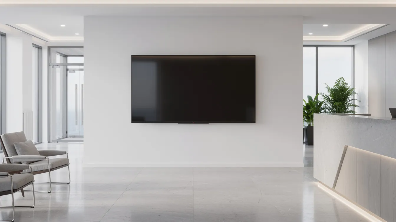 The image features a large flat-screen TV mounted horizontally in a sleek modern office lobby, designed for digital signage. This display is ideal for showcasing PowerPoint presentations, dynamic content, and important announcements, enhancing the lobby's branding and communication efforts.