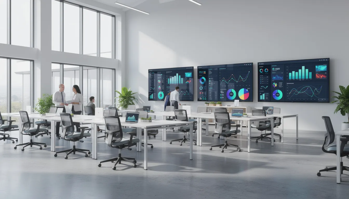 The image depicts a modern open office space featuring wall-mounted television displays that showcase colorful data visualizations and dashboard screens, allowing team members to easily access key performance indicators and important metrics at a glance. The smart TVs are designed to display multiple dashboards in full screen mode, ensuring that real-time data is readily available for the whole team.