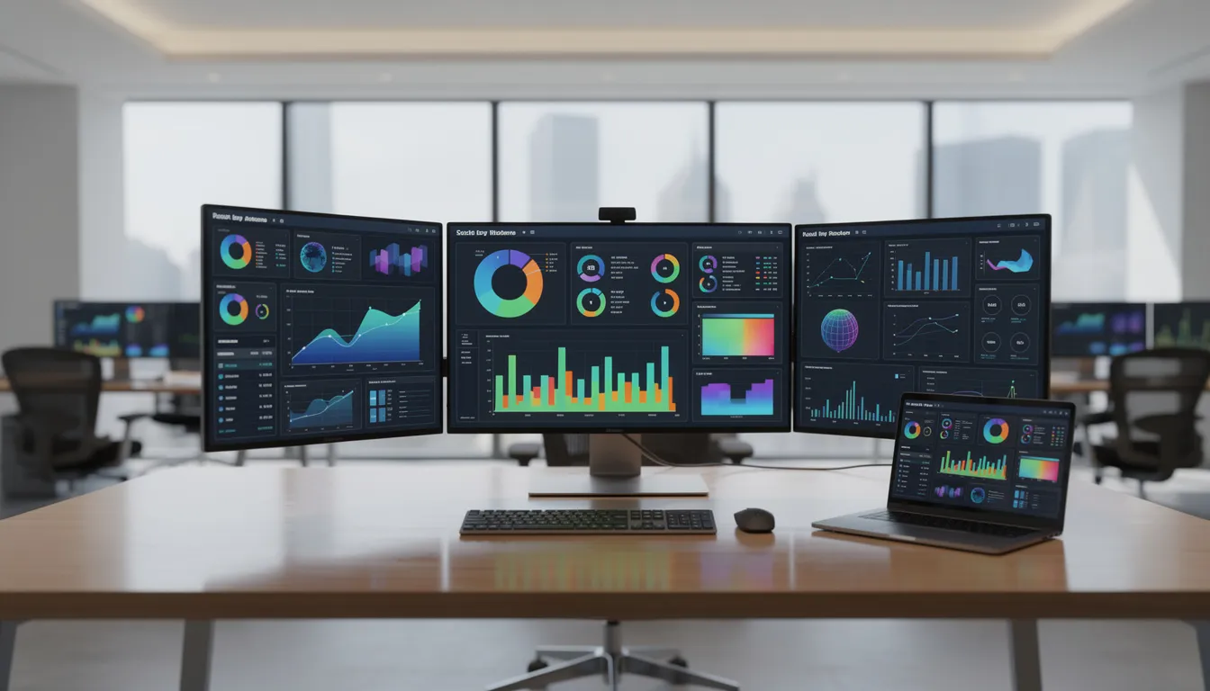 The image depicts a modern office workspace featuring multiple computer screens filled with colorful charts and interactive dashboards, showcasing key performance indicators and complex data visualizations. This setup emphasizes the use of KPI tracking software and analytics tools to facilitate data-driven decisions and monitor business performance in real time.