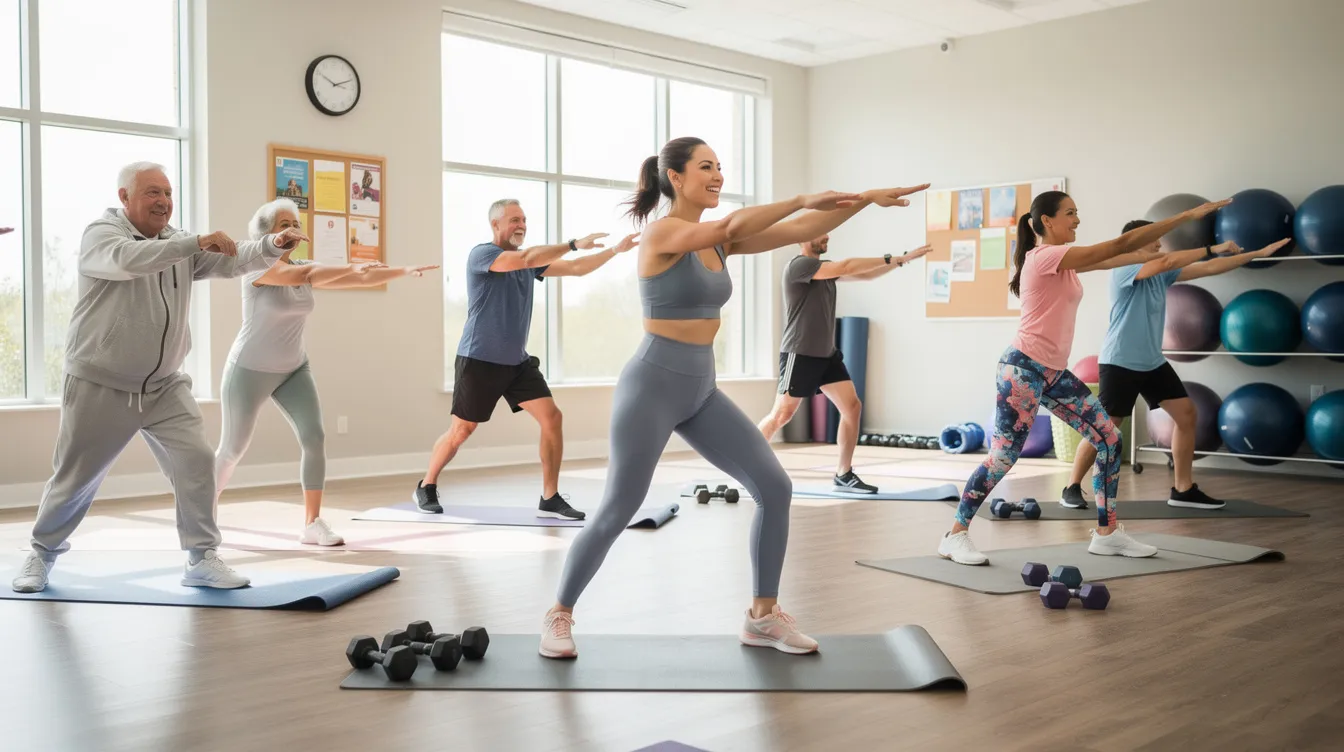 The image depicts a diverse group of individuals of various ages engaging in a lively fitness class within a well-lit community recreation room. The bright environment encourages participation and connection among residents, showcasing the benefits of community programs aimed at enhancing health and well-being.