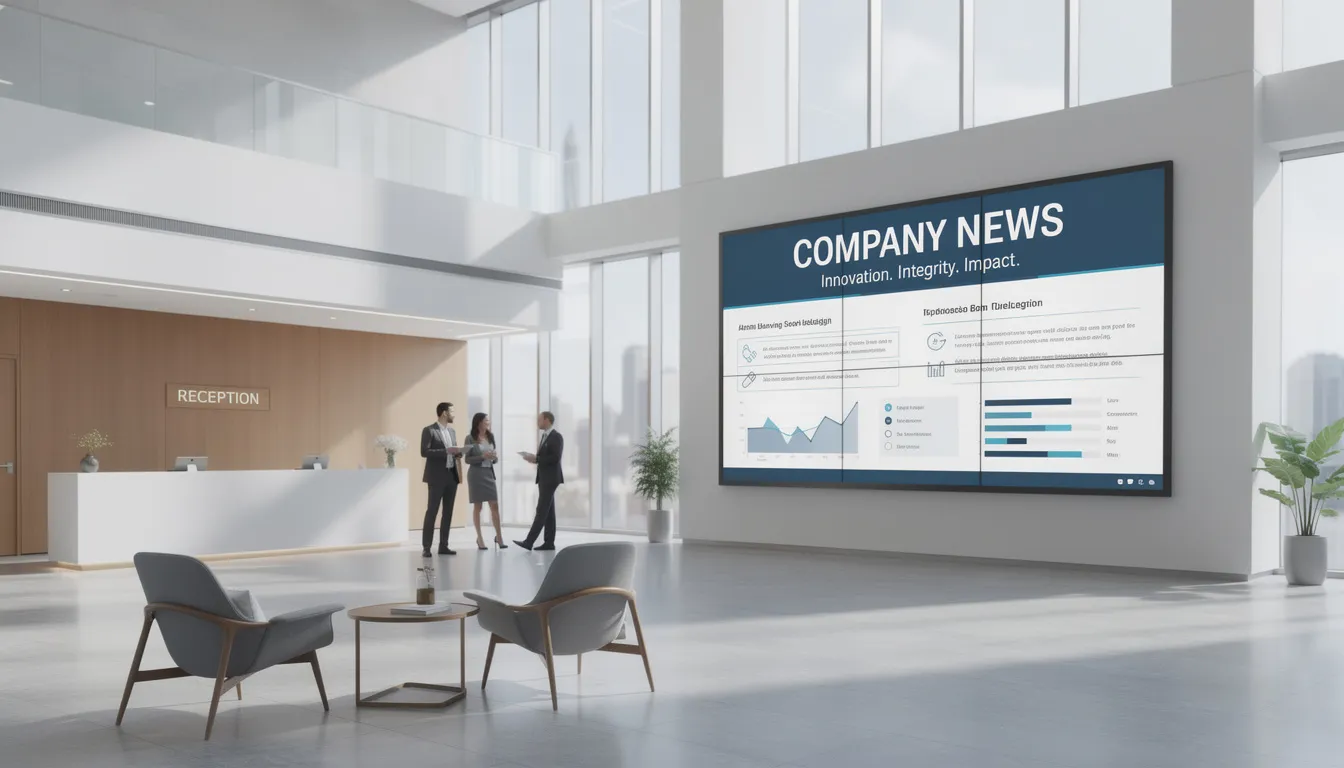 The image depicts a modern office lobby featuring a large digital signage screen displaying company information, including dynamic content and static slides. This digital signage solution enhances the professional atmosphere, providing an engaging way to showcase presentations and business messages.