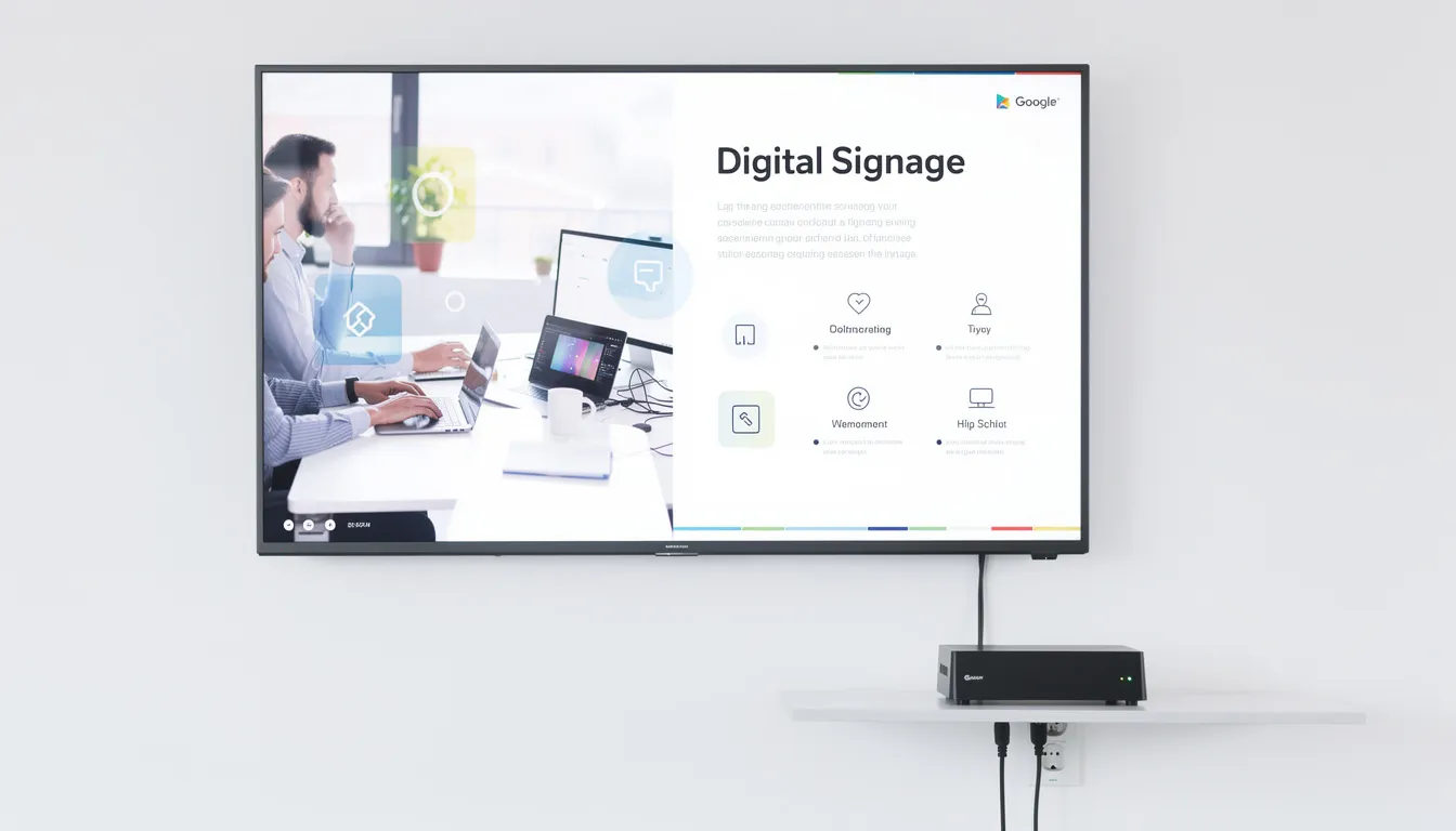A small media player device is connected to a commercial display screen mounted on a wall, showcasing digital signage content. This setup allows for effective communication and engagement with the audience through visually appealing displays.