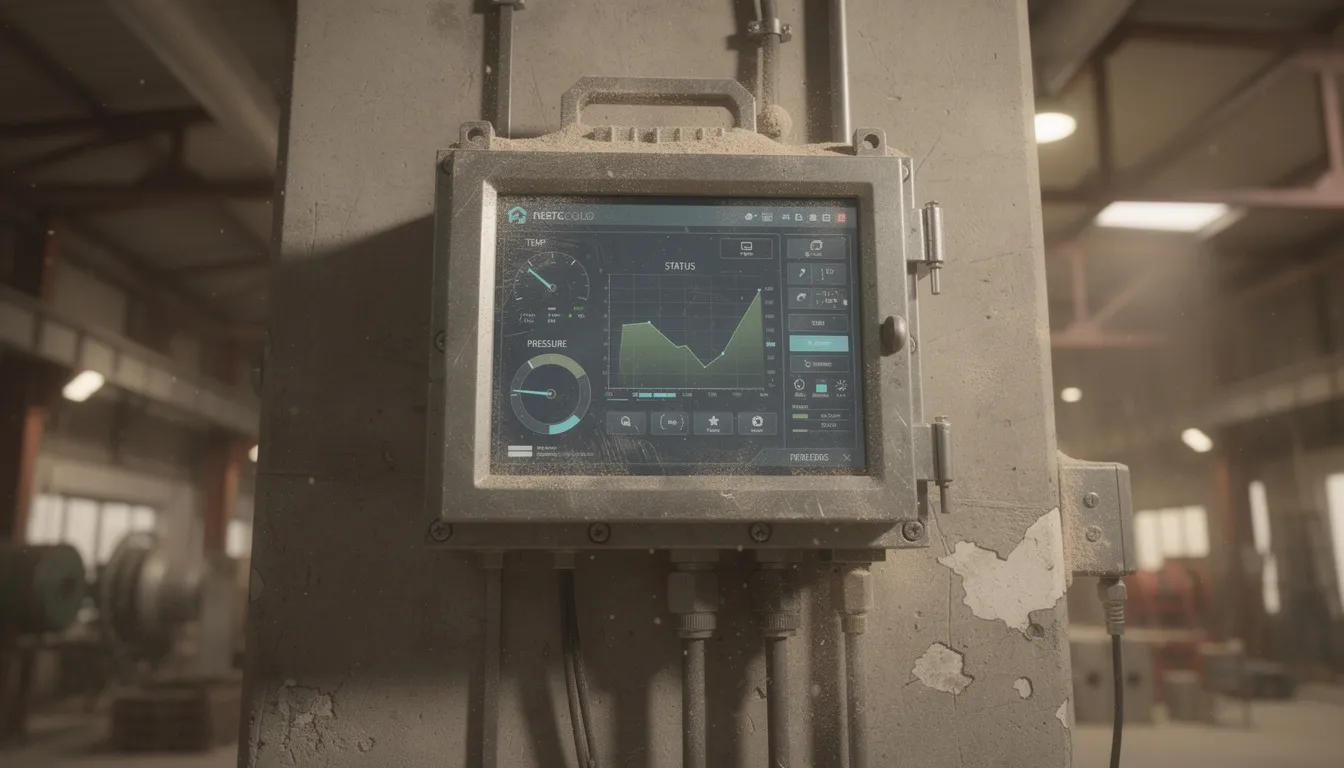 An industrial digital display is mounted on a wall in a dusty factory environment, showcasing critical information such as production metrics and safety alerts. This digital signage solution enhances communication on the factory floor, ensuring employees are informed about real-time data and important company announcements.