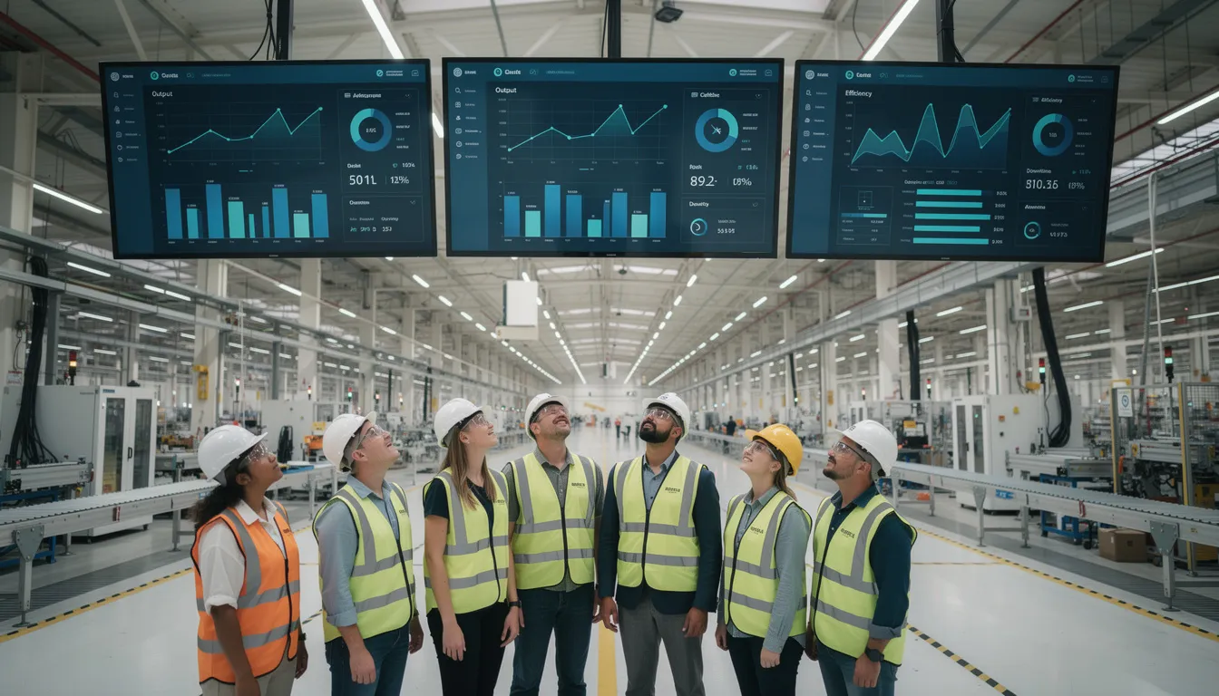 A group of workers on a factory floor is attentively observing multiple overhead digital display screens that showcase real-time production data and critical metrics. These digital signage solutions enhance employee communication and ensure that the entire workforce stays informed about important updates and quality control information in the manufacturing environment.