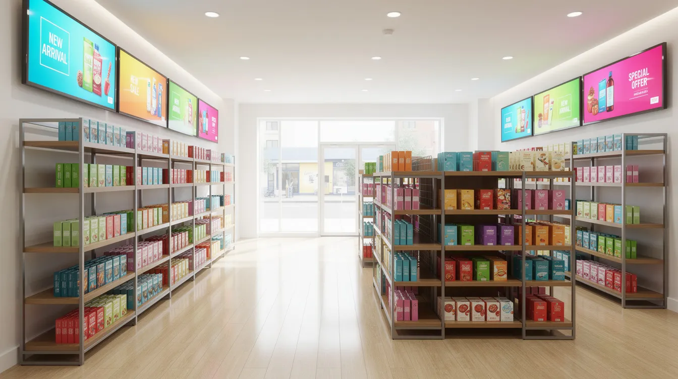 The image depicts a bright, modern retail store interior featuring digital display screens that showcase colorful product promotions alongside neatly arranged shelving. This vibrant environment enhances customer engagement and brand visibility through effective digital signage solutions.