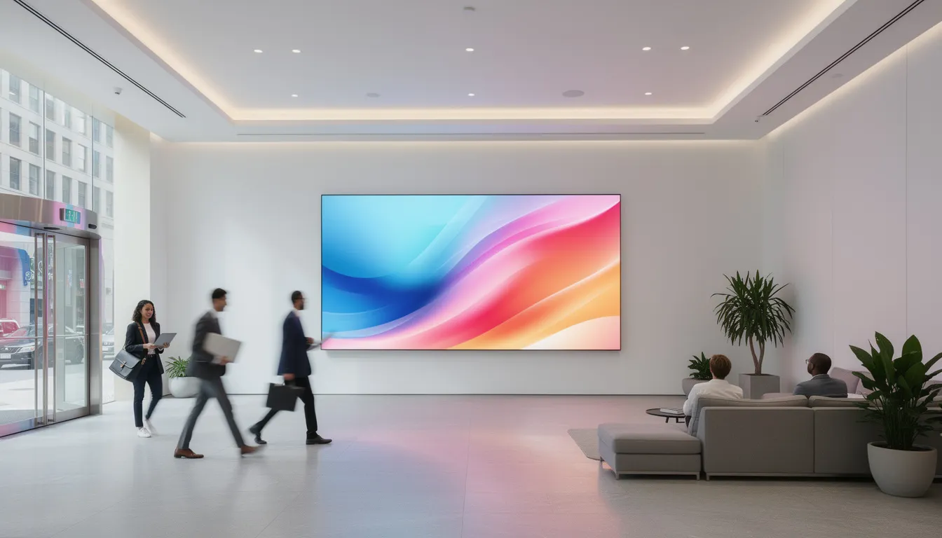 The image depicts a modern office lobby featuring a large digital screen on the wall displaying vibrant content, while employees walk by, highlighting the use of digital signage for corporate communications and engaging content. This setup enhances workplace communication and keeps employees informed about company updates and upcoming events.