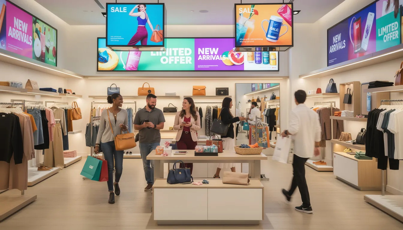 The image showcases a modern retail store interior, featuring vibrant digital signage displays that present colorful product promotions. Happy shoppers are seen browsing the aisles, engaging with the visually appealing digital screens that enhance customer engagement and create a dynamic shopping experience.