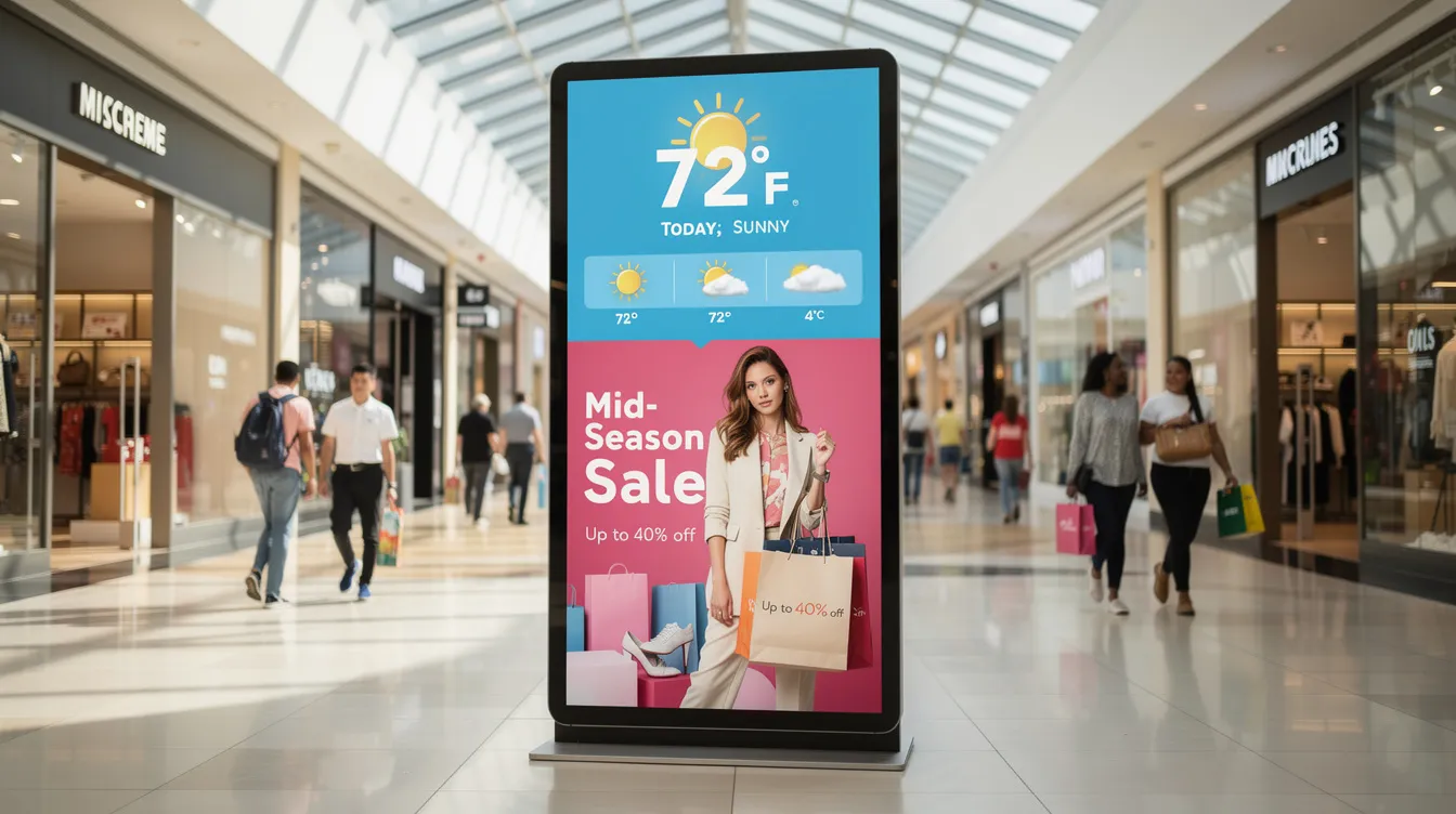 The image depicts a bustling shopping mall interior featuring a digital totem display that showcases current weather data and promotional content. The dynamic content on the screen provides users with relevant updates from multiple data sources, enhancing the shopping experience for customers in real-time.