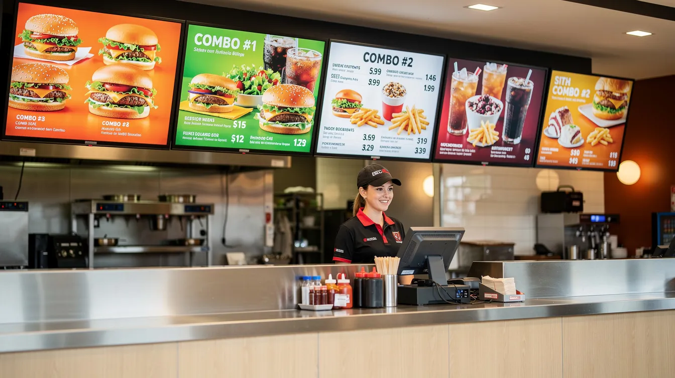 The image features a quick-service restaurant counter equipped with bright digital menu boards showcasing various food items and combo meals. These vibrant digital displays enhance customer engagement and satisfaction while providing clear visibility of the offerings, contributing to improved operational efficiency and potential increases in sales.