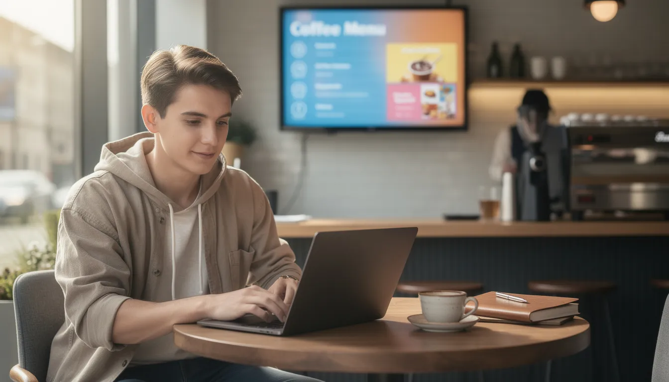 A person is seated in a coffee shop, focused on their laptop as they manage digital signage content using a cloud-based digital signage platform. The scene captures the blend of a casual workspace with the technical expertise required to update digital screens and schedule engaging content for multiple locations.