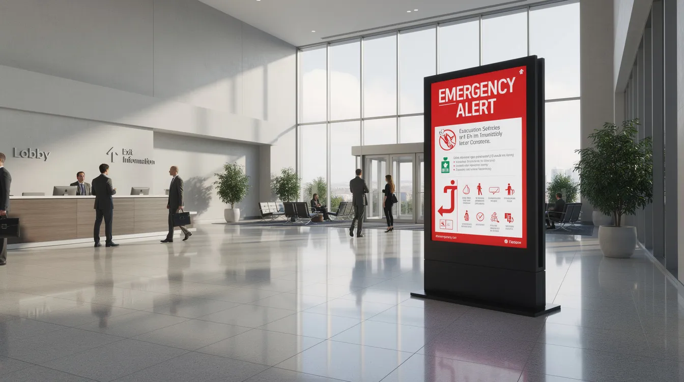 A large digital screen in a public building lobby displays urgent emergency information, serving as a vital communication tool for visitors. This digital signage enhances customer engagement and awareness, ensuring that the community stays informed during critical situations.