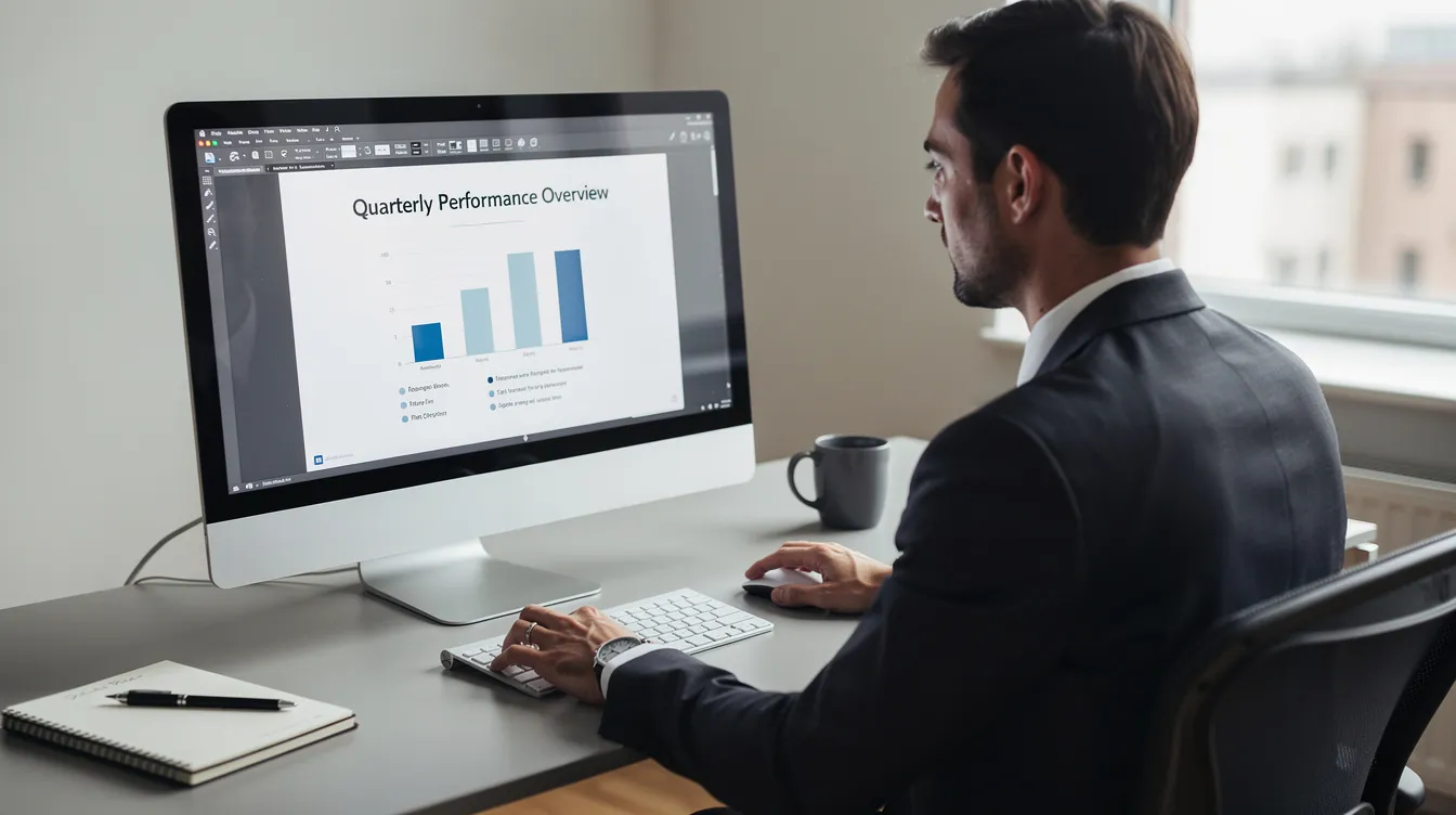 A professional is seated at a desk, focused on a computer displaying presentation software, which showcases dynamic content and data visualizations. The scene highlights the use of technology for business goals and customer engagement, emphasizing the importance of tools that support data processing and insights in real time.
