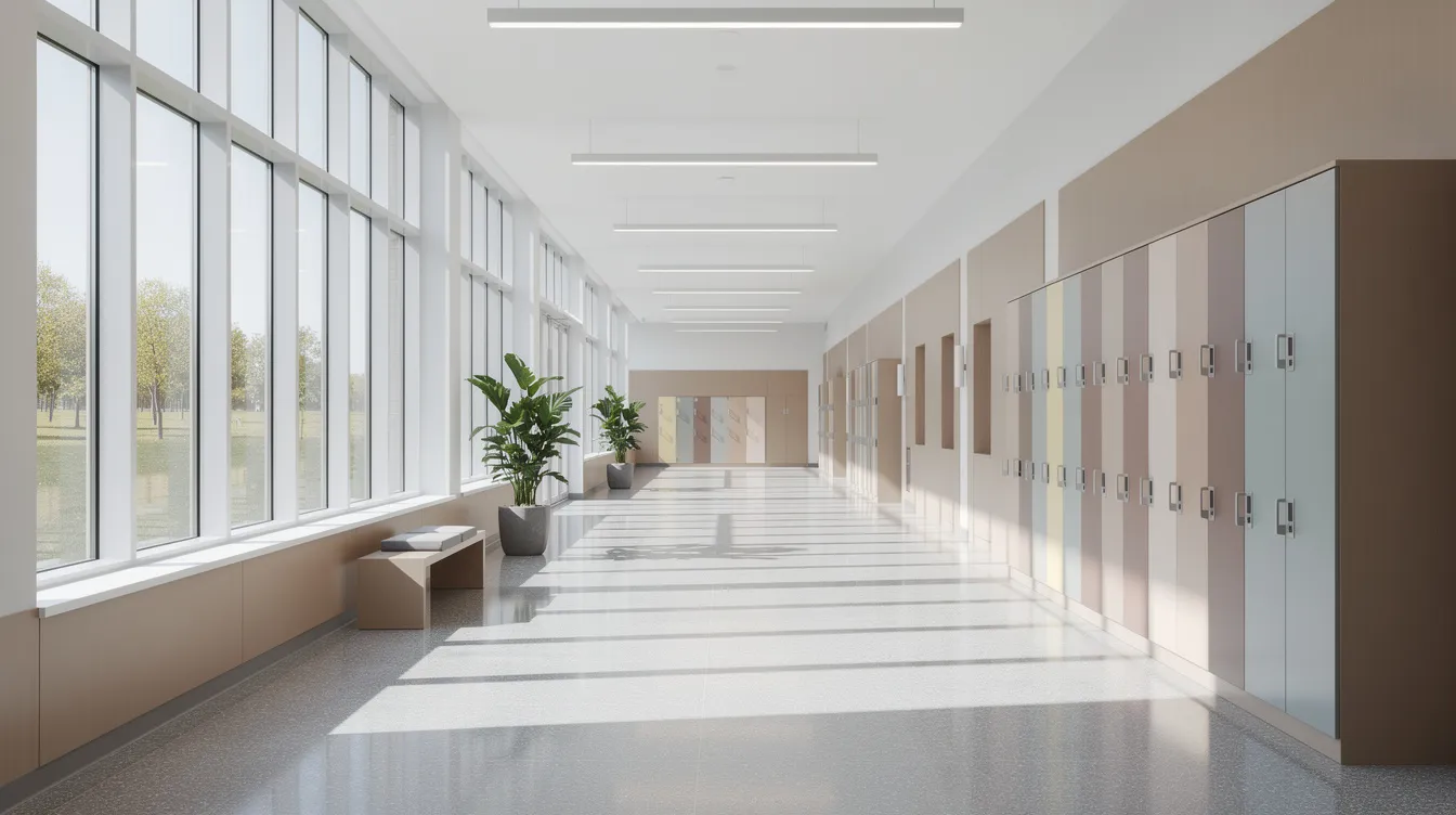 The image depicts a bright school hallway featuring modern architecture, with large windows allowing natural light to flood the space. The design emphasizes open spaces and clean lines, creating an inviting atmosphere conducive to learning and collaboration.