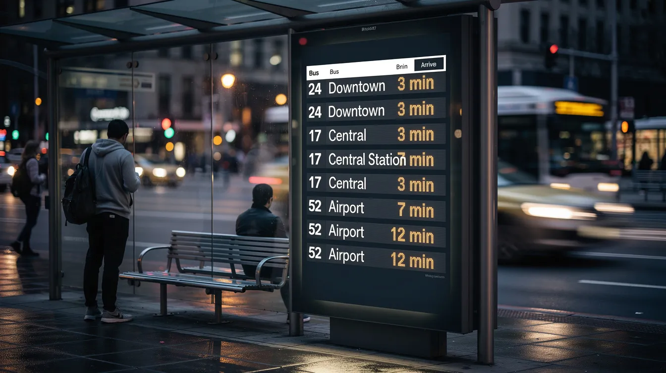 A digital display at a modern bus stop shows real-time arrival times for public transit, providing commuters with valuable information to plan their journeys efficiently. The sleek design of the digital signage enhances user engagement while ensuring easy access to essential data for travelers.