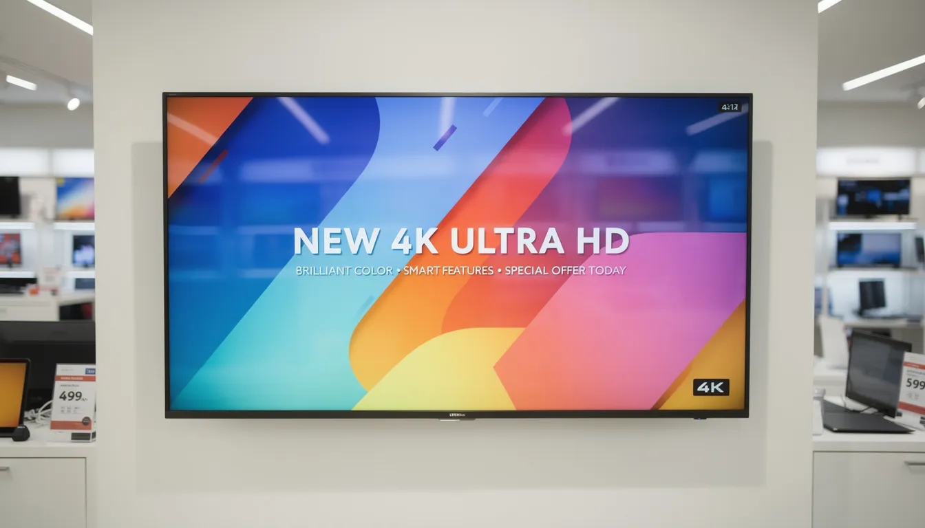 A modern flat-panel TV is mounted on a wall in a bright retail environment, showcasing vibrant promotional content as part of a digital signage setup. This digital sign serves as a powerful communication tool, engaging customers with dynamic images and videos.