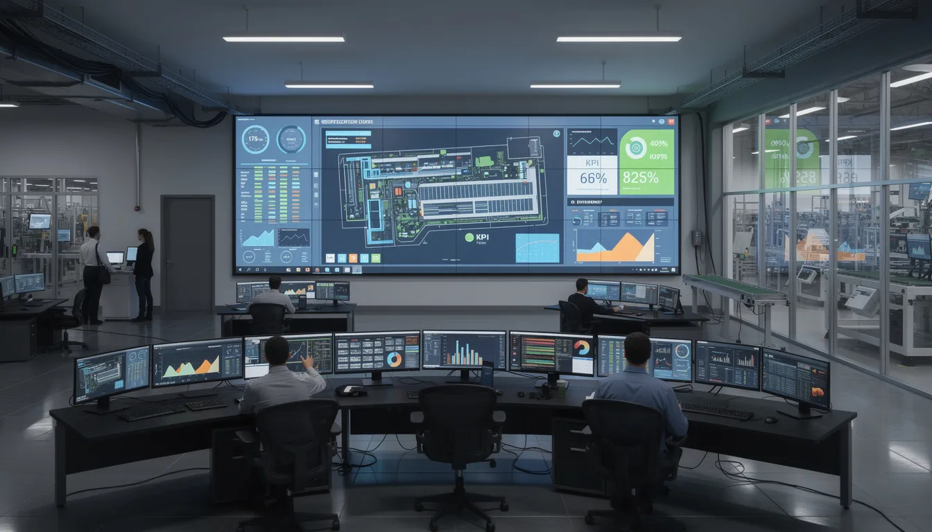 The image depicts a manufacturing control room equipped with multiple digital displays showcasing real-time production metrics and critical information. This modern setup enhances employee communication and operational efficiency within the manufacturing environment, ensuring that the workforce remains informed about key performance indicators and safety alerts.