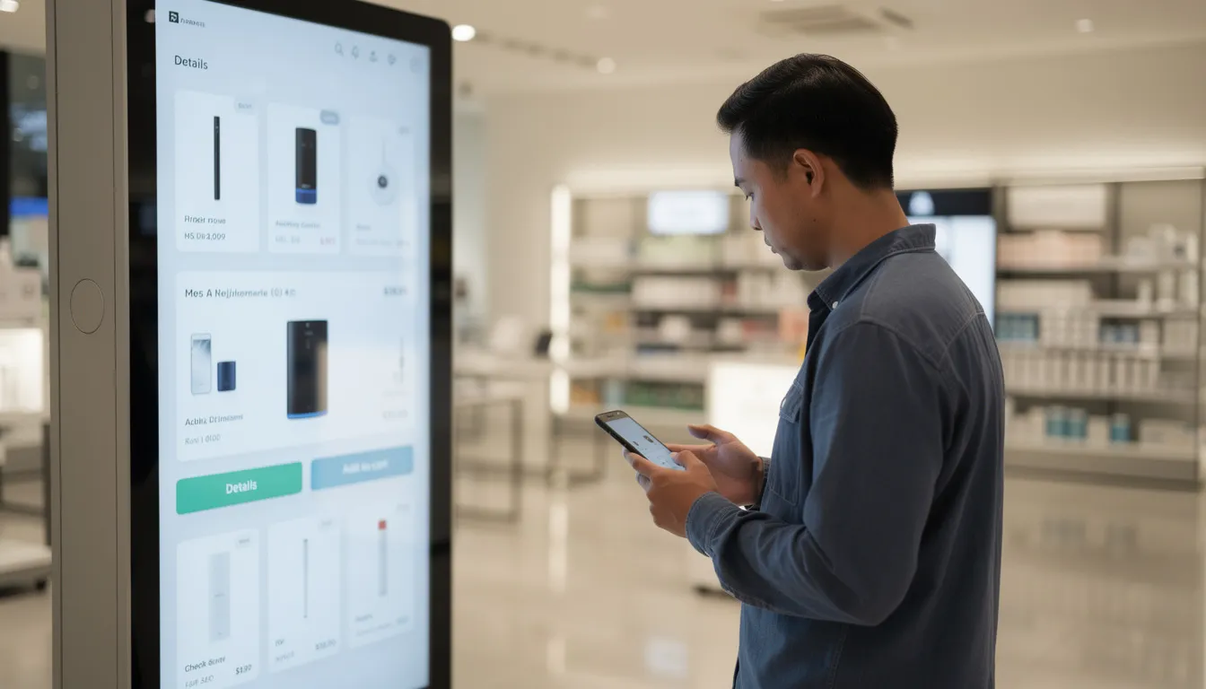 A person is using a smartphone while standing near an interactive retail display that showcases product information, highlighting the use of digital signage to enhance customer engagement in a retail environment. The digital display offers an engaging experience for shoppers, promoting products and providing dynamic content.