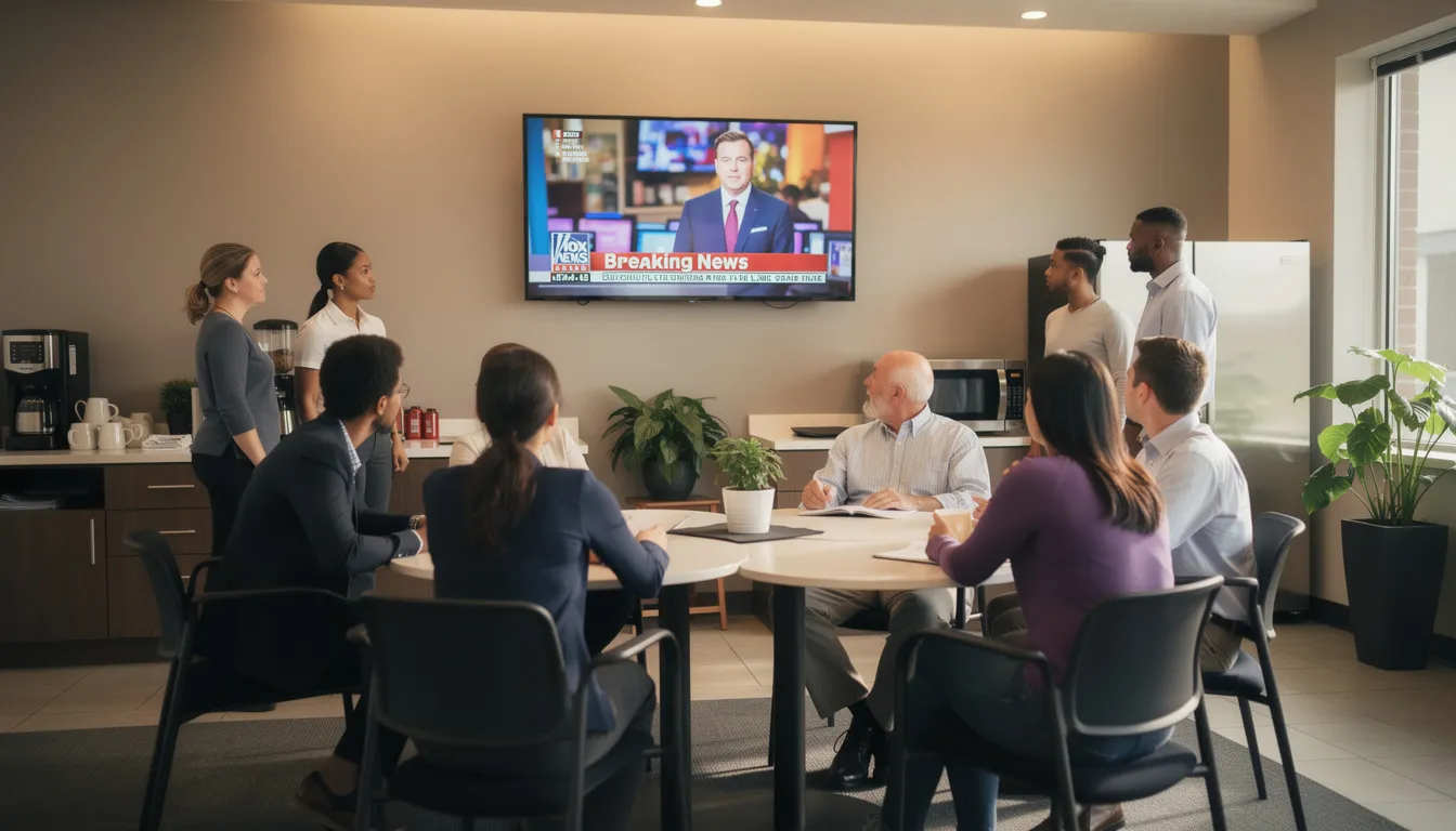 A large television screen displaying corporate announcements is mounted in a workplace break room, where employees gather around tables, engaging in conversation. This digital signage solution enhances internal communications by sharing company news and promoting upcoming events.