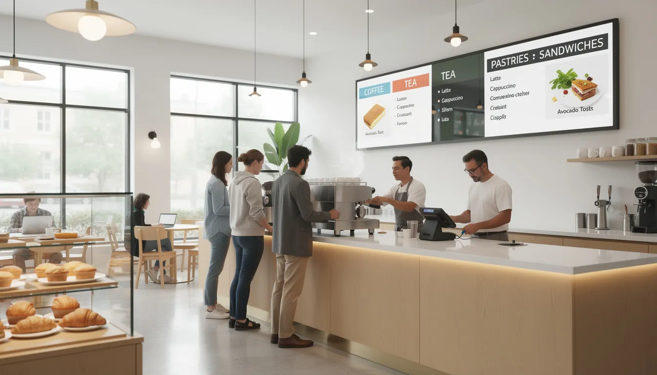The image depicts a bright and modern café interior featuring a sleek digital menu board that displays various food items, while customers are seen ordering at the counter. This dynamic digital signage enhances customer engagement with visually appealing content in a welcoming atmosphere.