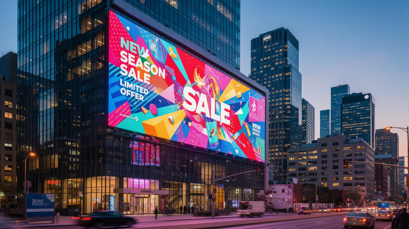 A large outdoor LED billboard showcases vibrant promotional content with bright colors against a bustling city skyline, enhancing visibility and customer experience. This digital signage is designed for maximum impact, making it ideal for attracting attention to events and promotions in urban environments.