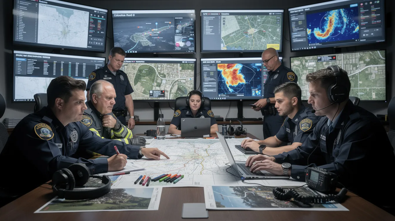 The image depicts emergency responders actively coordinating in a command center, surrounded by maps and digital displays that provide real-time content and important emergency information. They are utilizing technology and systems to manage alerts and ensure public safety during a national emergency.