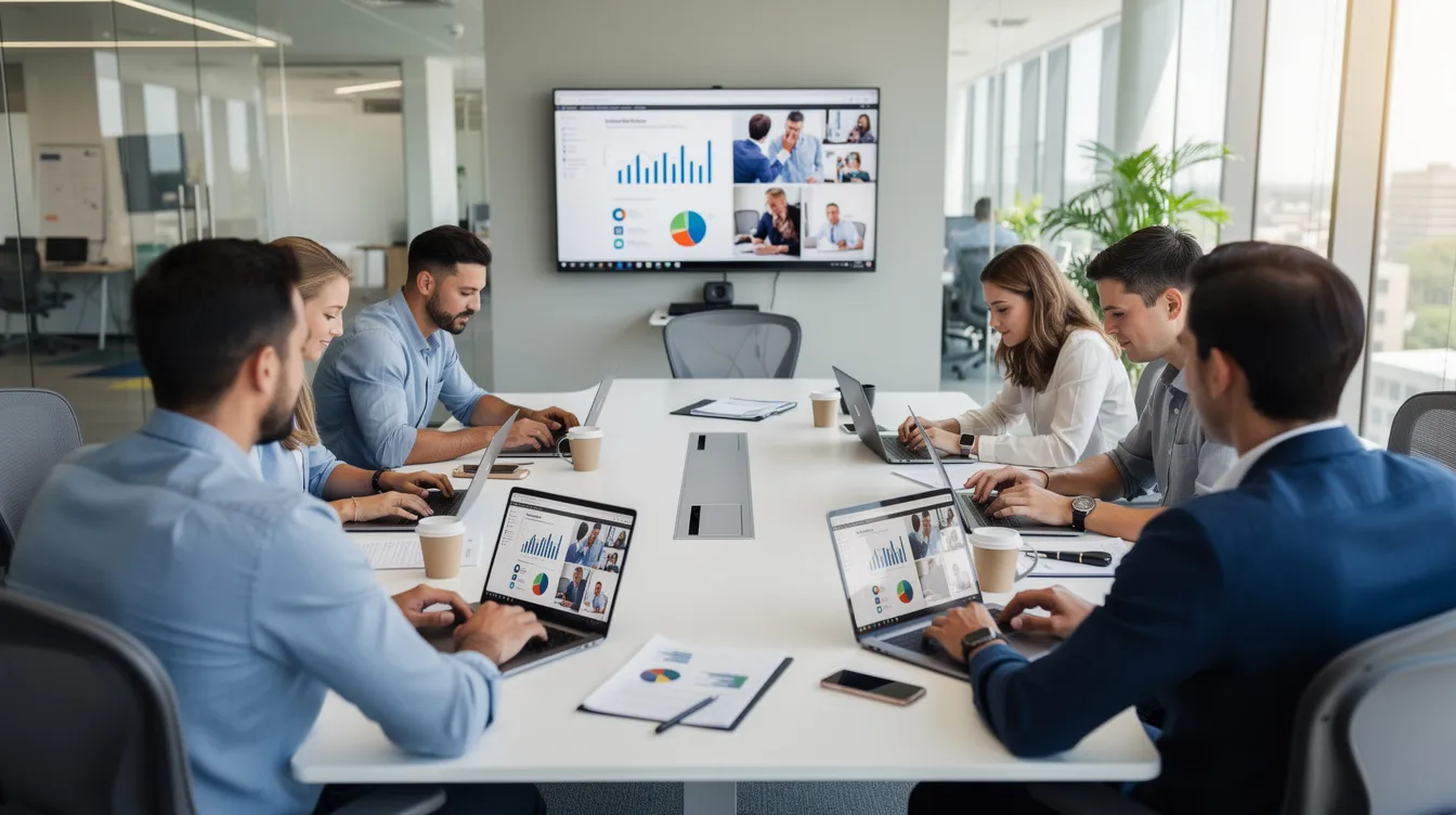 A diverse team collaborates around a conference table, focused on reviewing content displayed on their screens. The environment suggests a business setting, emphasizing teamwork and the use of digital displays for effective communication and enhanced customer experience.
