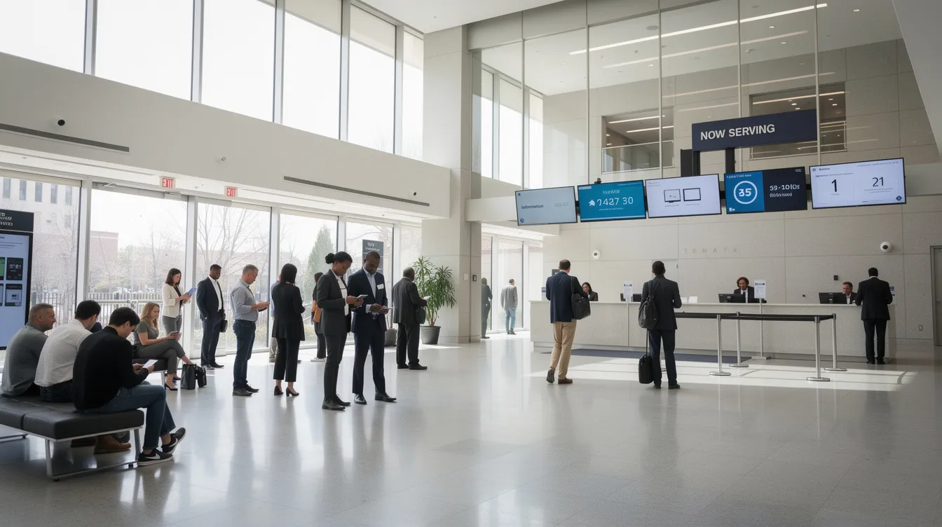 The image shows a modern government building lobby where people are waiting, with multiple digital displays showcasing dynamic content. These screens likely serve to enhance customer engagement and provide real-time information to visitors.