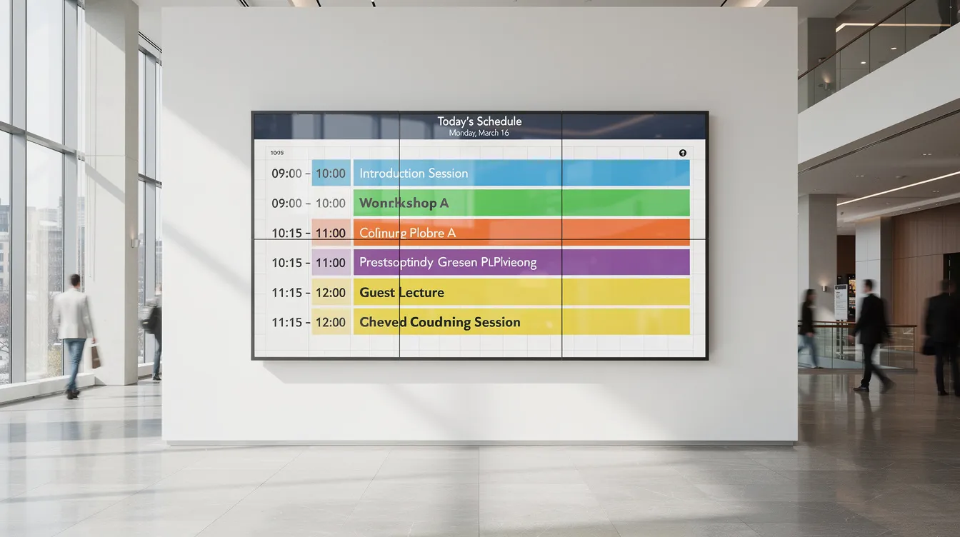 The image shows a digital information screen mounted on a wall in a public building lobby, displaying colorful schedule information designed to enhance customer engagement. This dynamic content serves as a vital tool for residents and visitors to explore available services and programs in the facility.