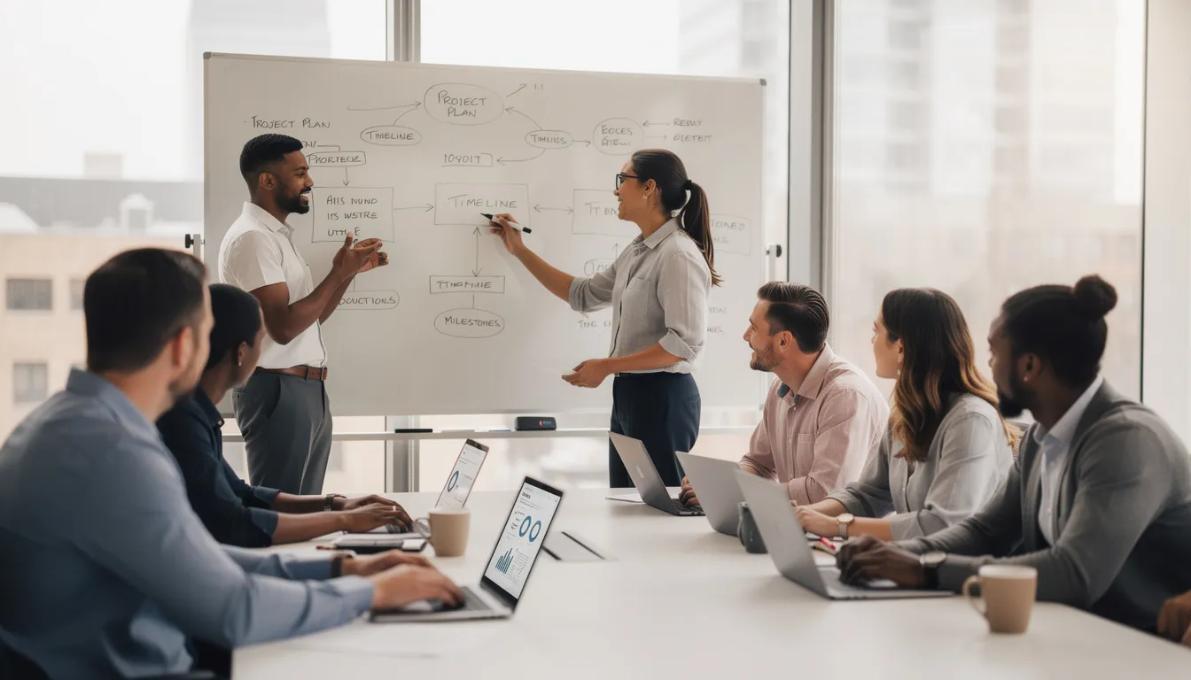 A diverse team is gathered around a whiteboard, discussing project plans while laptops are open in front of them, showcasing data visualization and business analytics tools. The collaborative atmosphere suggests a focus on data-driven decisions and actionable insights for effective project management.