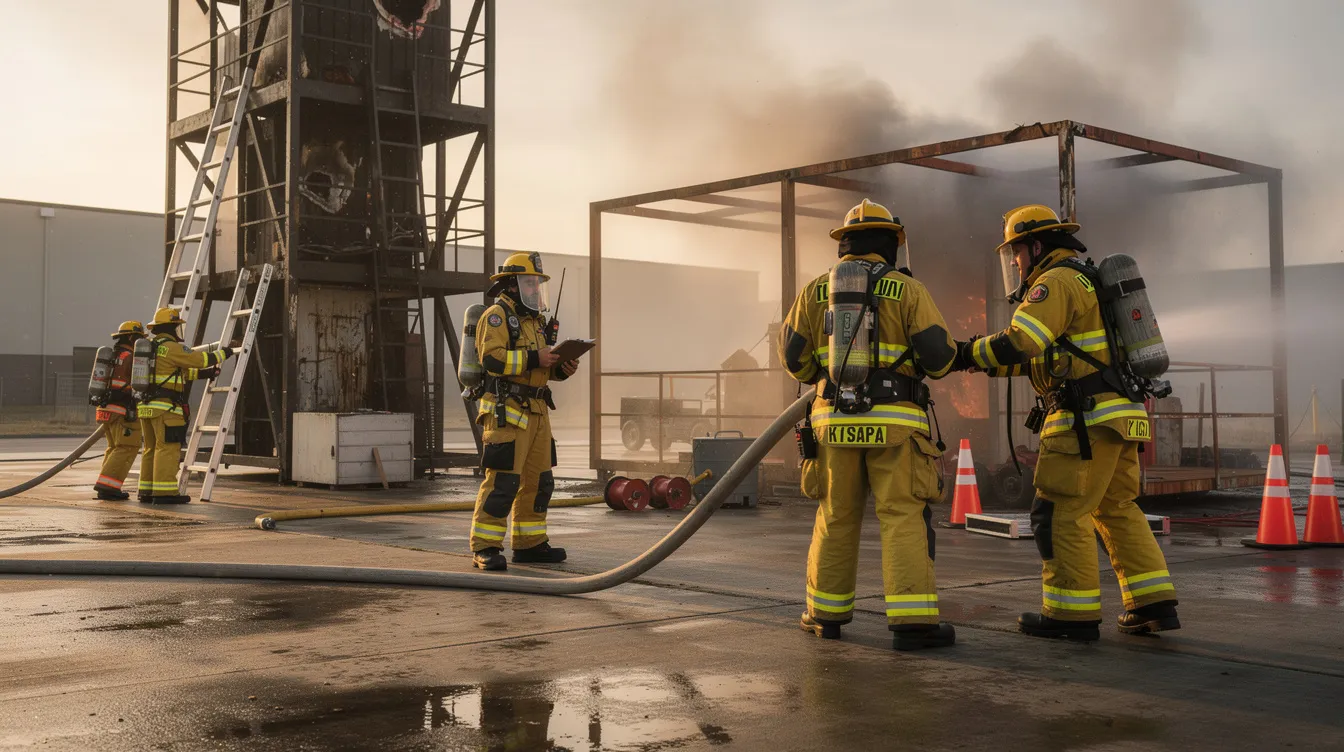 A group of firefighters is engaged in training exercises, wearing protective equipment to enhance their safety and skills. This training is essential for preparing personnel to respond effectively to fire incidents and medical emergencies in the workplace.
