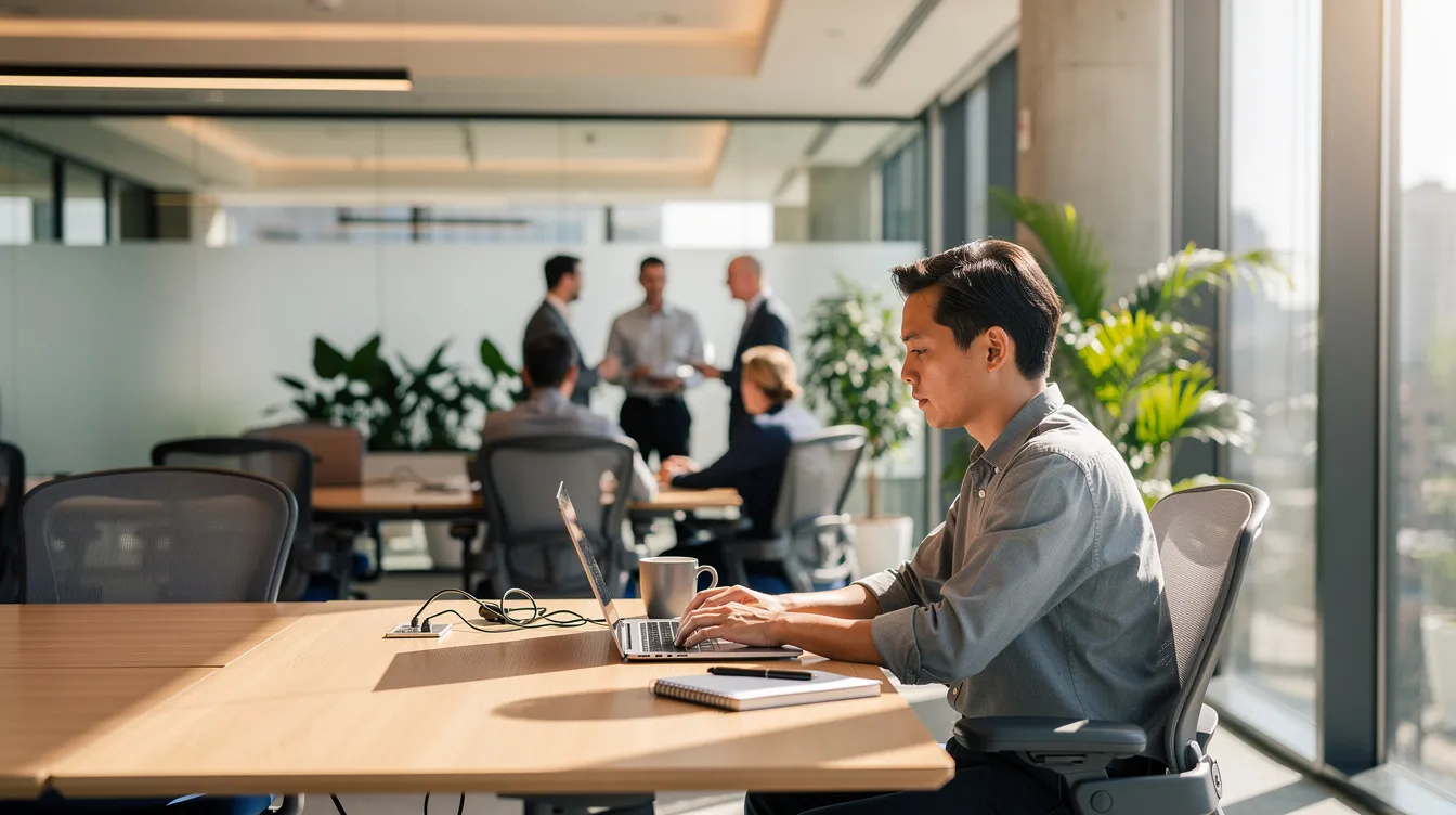 A person is focused on their laptop in a modern office environment, utilizing cloud-based tools and services to access data and streamline operations. The workspace features contemporary furnishings and technology, highlighting the significance of cloud computing resources in enhancing operational efficiency.