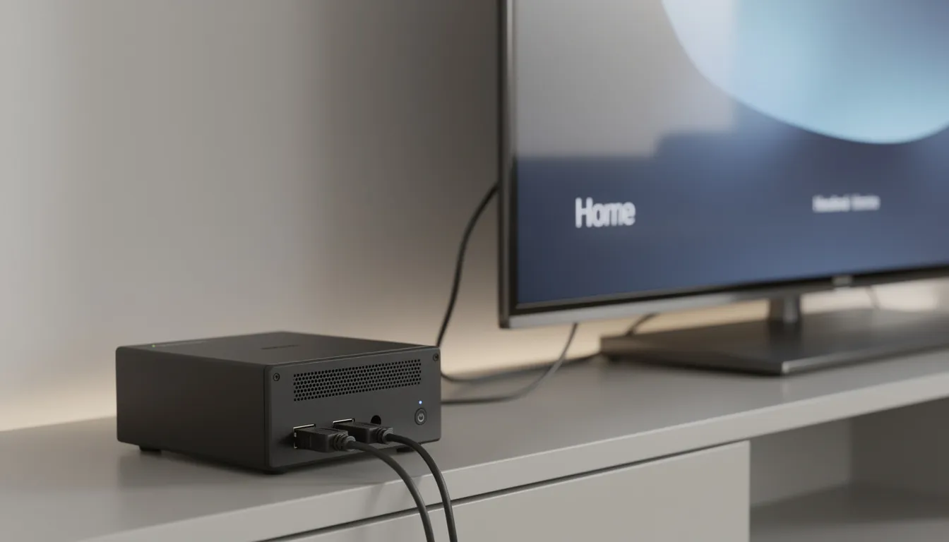 A small mini PC device is connected to various cables and positioned next to a large flat screen television, which is ready to display multiple dashboards and important metrics in full screen mode. This setup allows for real-time data access and effective digital signage solutions in an office environment.
