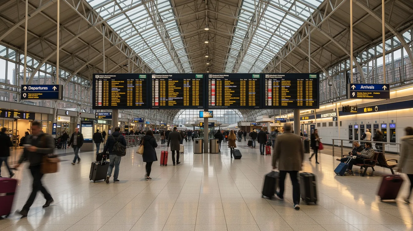 The image depicts a bustling train station concourse featuring multiple digital information screens displaying real-time content for commuters. These screens enhance customer engagement by providing essential updates on train schedules and public transit services, contributing to a data-driven culture in public transportation.
