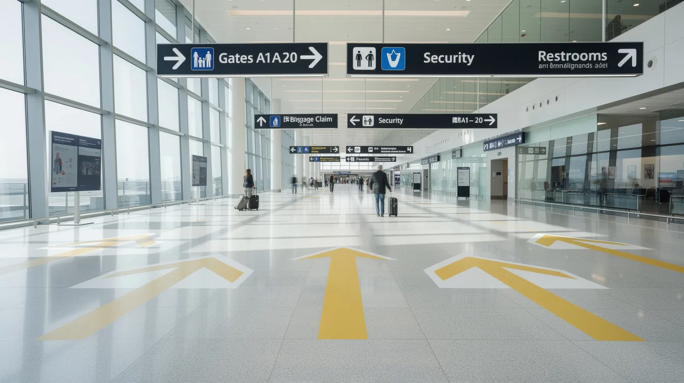 The image showcases clear wayfinding arrows and directional signage in a modern airport terminal, effectively guiding travelers with easily recognizable symbols and informative displays. This digital signage enhances brand visibility while communicating essential directions and services to a broad audience.