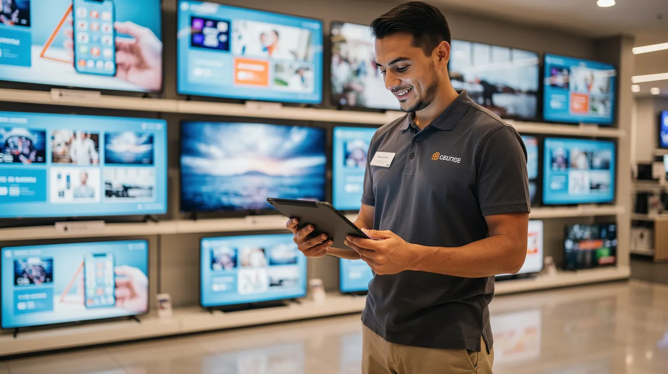 A store employee is using a tablet device to manage digital displays, ensuring that the digital signage content is up to date and effectively promoting offers and upcoming events in the retail environment. This setup enhances customer engagement by providing dynamic and branded content on the digital signage displays throughout the store.