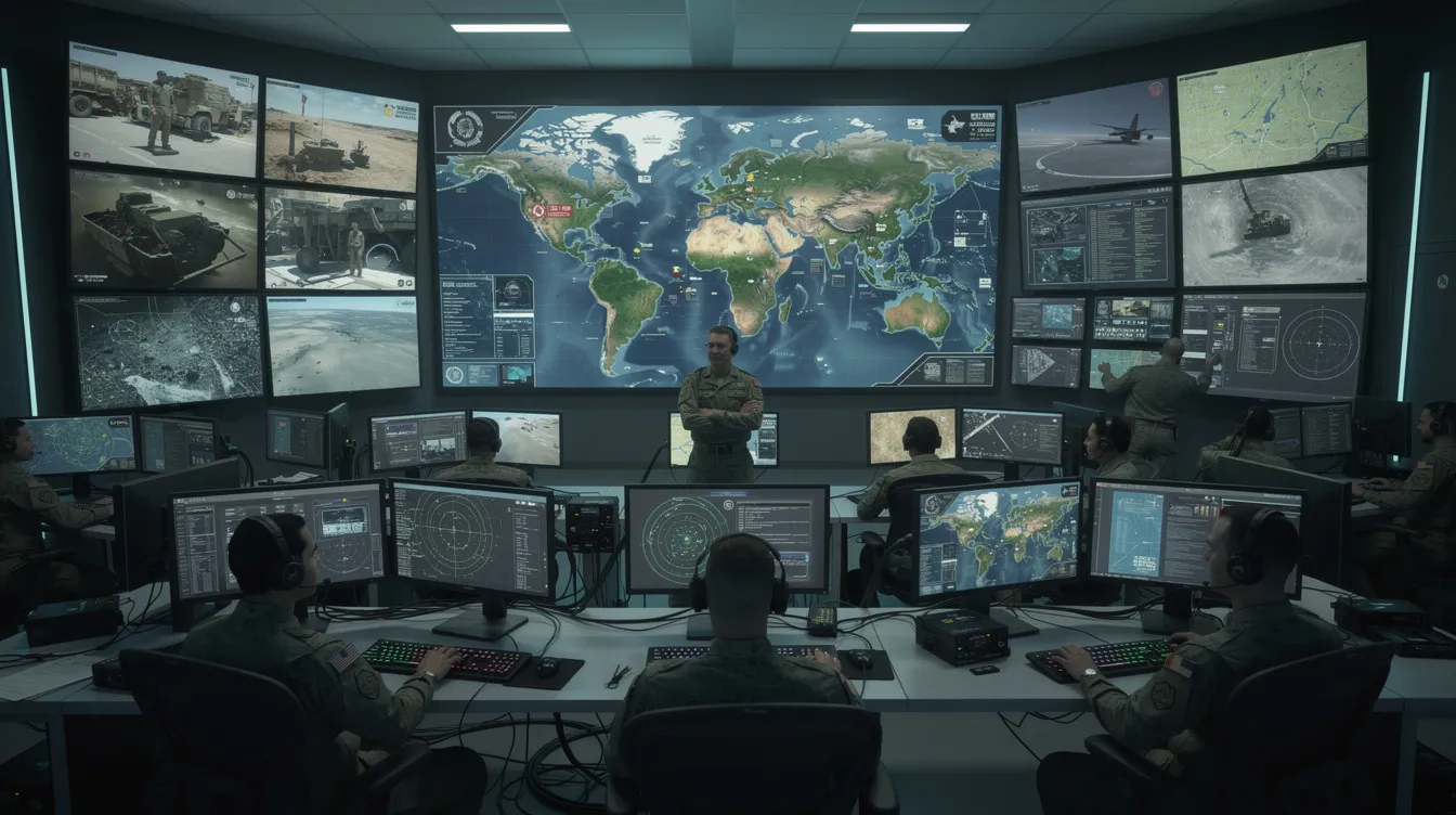 The image depicts a military operations center, bustling with personnel engaged in monitoring large display screens that showcase real-time data and operational updates. The environment is equipped with advanced technology, emphasizing the importance of efficient communication and decision-making in military operations.