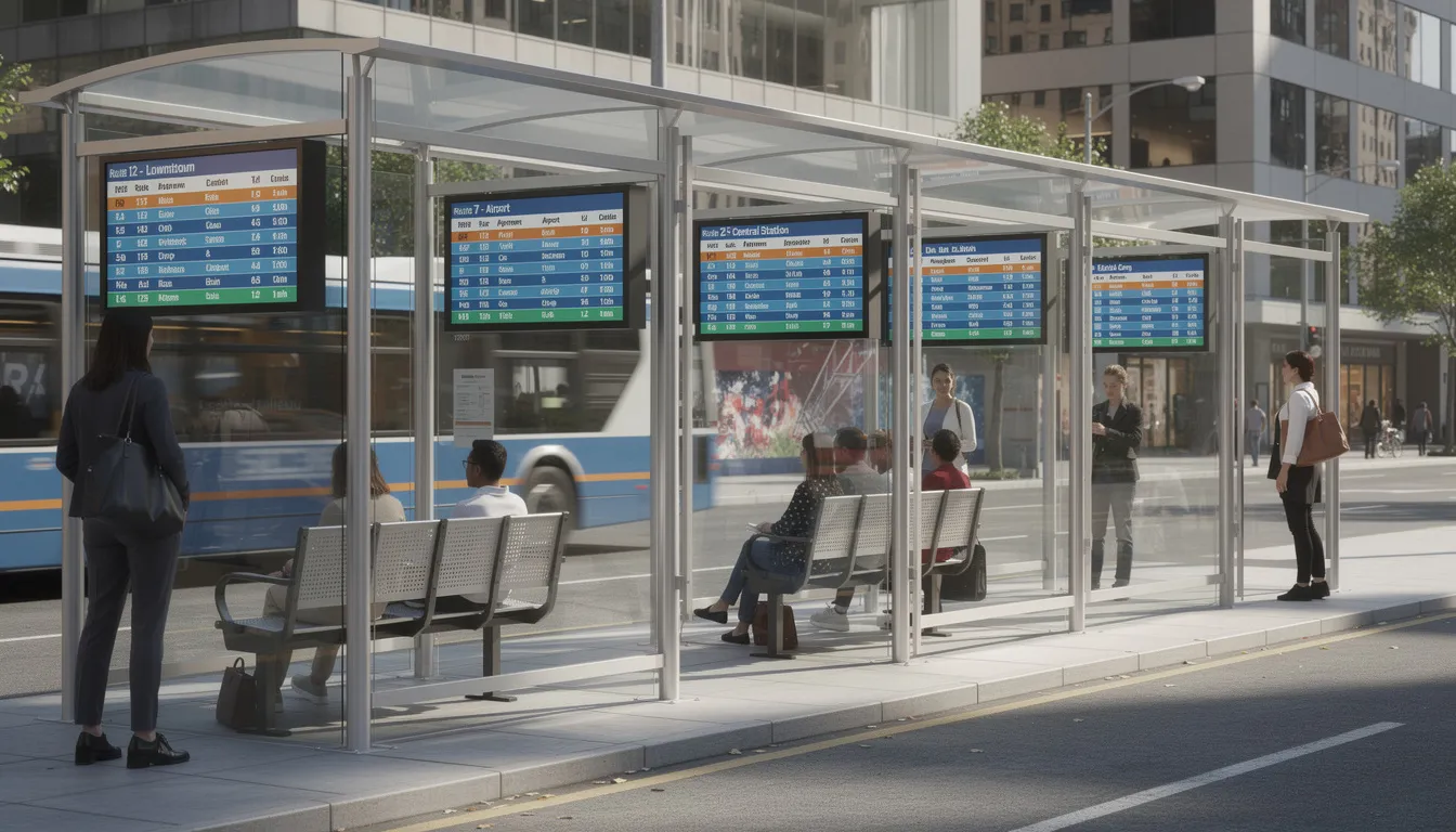 The image shows bus shelters equipped with digital signage displays that provide real-time bus information on LED screens. These interactive digital signage systems enhance the customer experience by keeping commuters informed with dynamic digital content.
