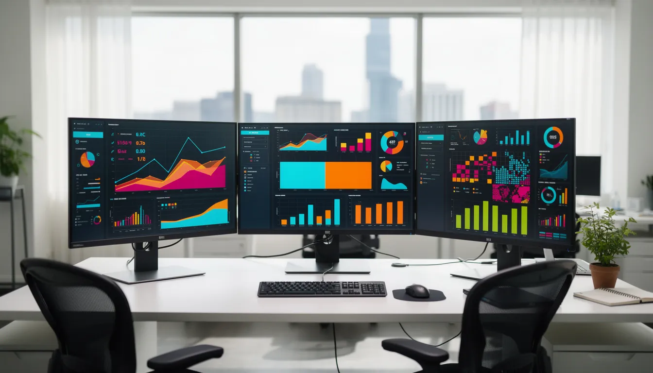 A modern office workspace features multiple monitors showcasing colorful charts and data visualizations, ideal for data analysis and business intelligence. This setup enables users to explore data through interactive dashboards, providing actionable insights and a comprehensive view of key performance indicators.