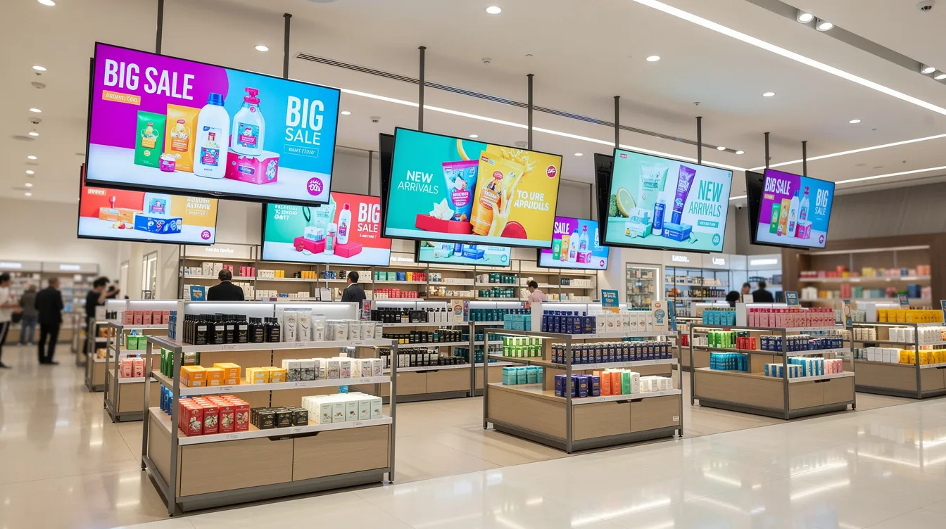 The image features a modern retail store interior, showcasing multiple TV screens displaying dynamic promotional content aimed at enhancing customer engagement. These digital signage displays are strategically placed to promote offers and provide information about upcoming events, creating an interactive shopping experience for customers.