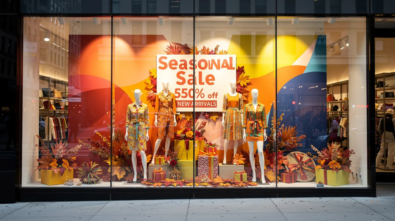 The image features a retail storefront window adorned with a vibrant seasonal promotional display, showcasing colorful signage that attracts customers and enhances brand visibility. The visual displays effectively communicate messages about current promotions, serving as a valuable tool for customer engagement.