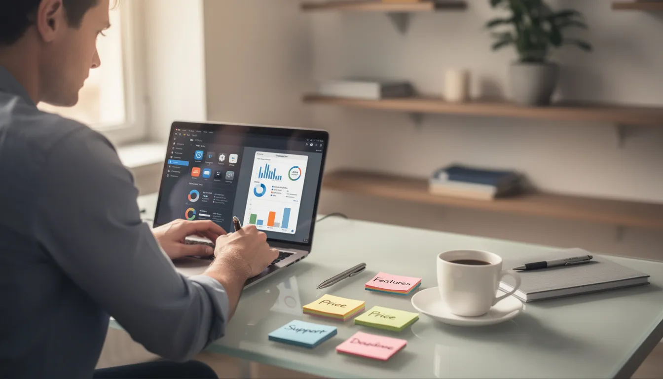 A person is sitting at a desk, comparing various business dashboard software options on a laptop, with sticky notes and a coffee cup nearby. The scene suggests a focus on data analysis and exploring data to gain actionable insights for informed business decisions.