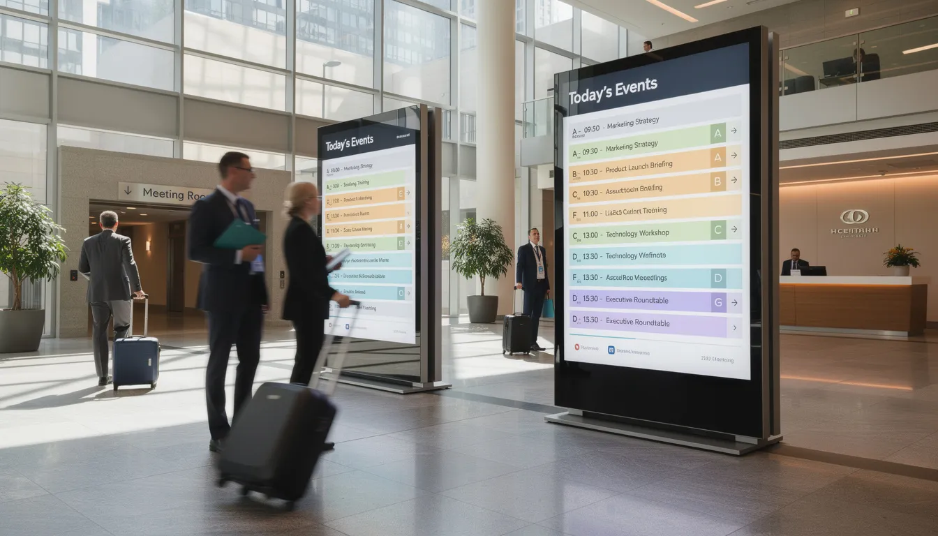 The image depicts a modern conference center lobby featuring digital directory screens that display meeting room schedules, allowing visitors to easily manage events and access information about their locations. This advanced digital signage system enhances the planning experience for users, providing a seamless way to connect and engage with the available resources.