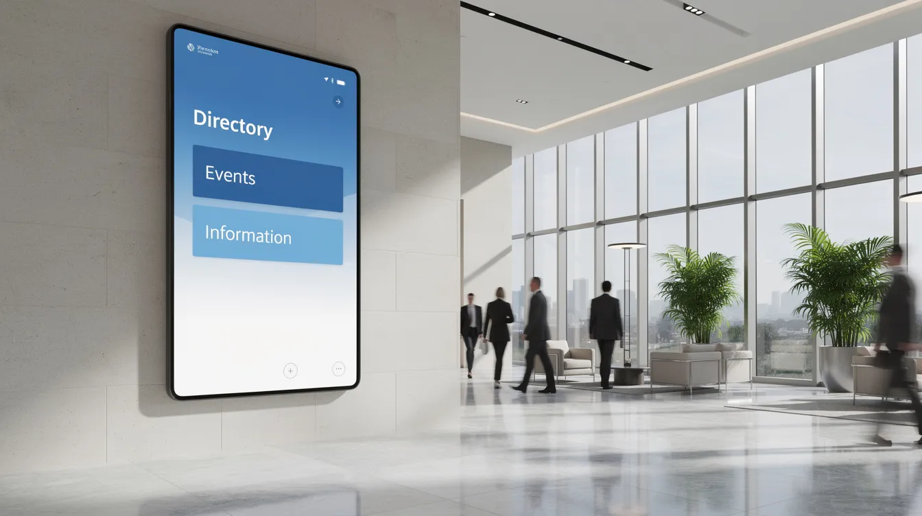 The image features a modern digital information display screen mounted in a sleek building lobby, showcasing real-time content and operational updates for customers. This digital signage enhances customer engagement by providing valuable insights and relevant information in an efficient manner.