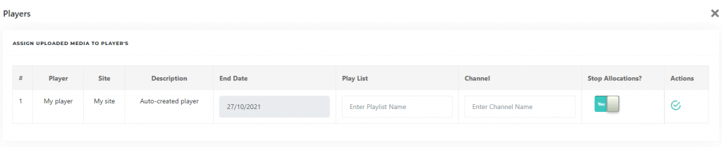 Screenshot showing the checkmark icon to start the player with the uploaded media