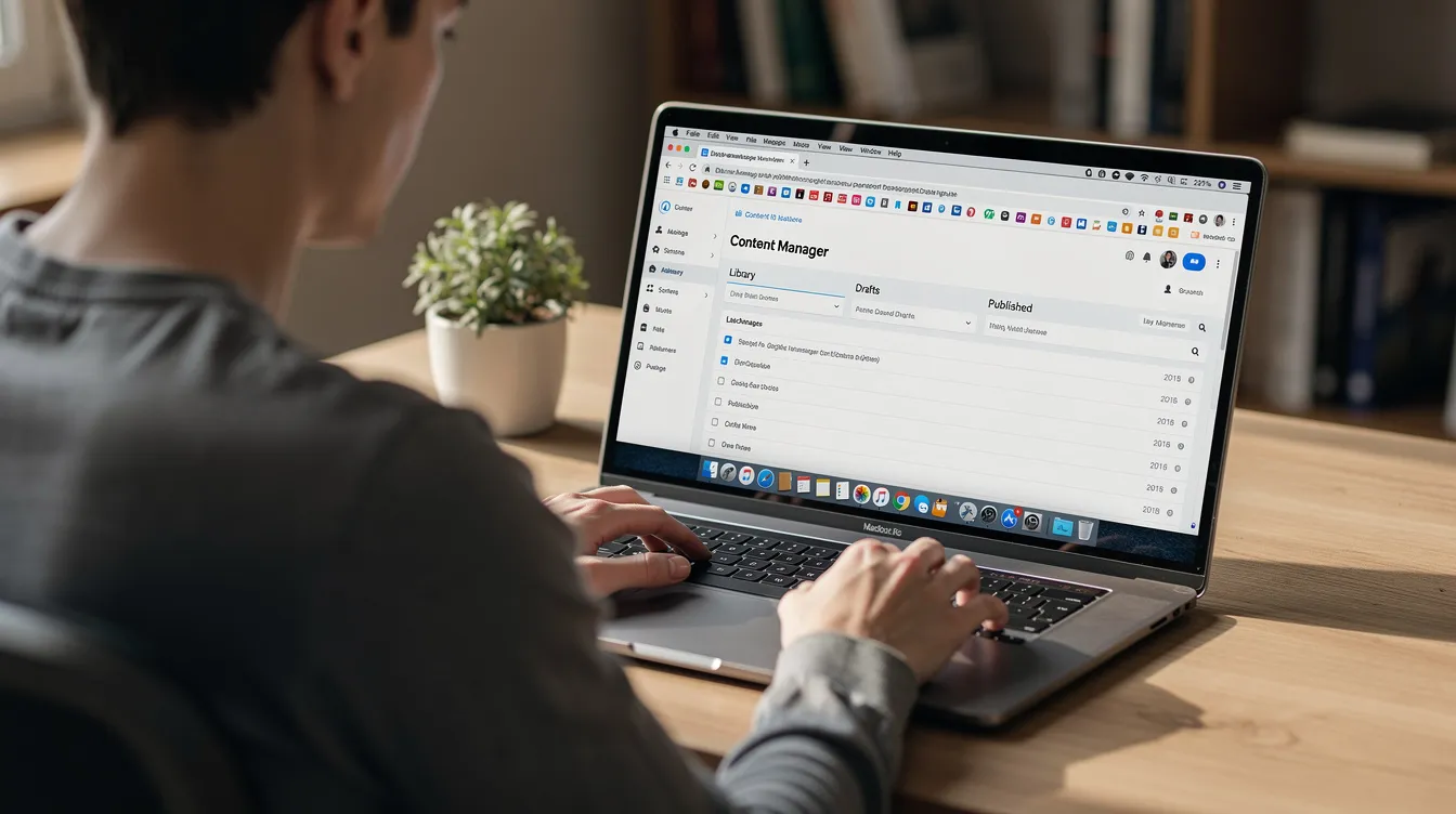 A person is focused on managing digital content on a laptop, surrounded by multiple browser tabs open for various digital signage apps and tools. The scene highlights the use of an android device for efficient screen management and content scheduling, showcasing the ease of access to digital signage software.