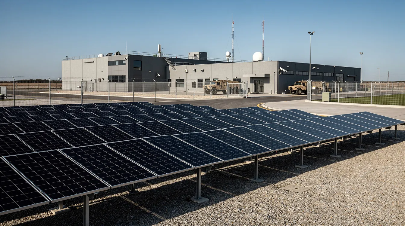 The image shows solar panels installed on the roof of a modern military facility, highlighting the integration of renewable energy technology in military infrastructure. This installation reflects a commitment to efficient energy solutions and sustainability within military operations.