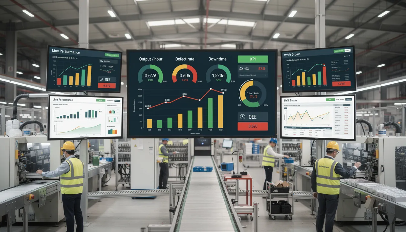 The image depicts a factory floor featuring large digital signage displays that showcase production metrics, enabling real-time monitoring and internal communications. These dynamic digital screens present multimedia content, enhancing customer engagement and streamlining operations within the industrial environment.