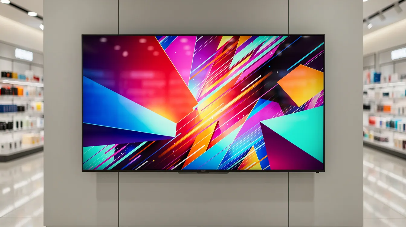 A television screen in a retail environment showcases a vibrant promotional video loop, featuring engaging visuals and smooth slide transitions, designed to attract viewers. The high-quality video presentation includes background music, enhancing the overall experience for the audience.