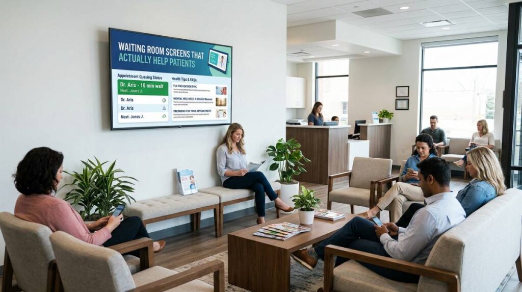 Digital signage screen in a healthcare waiting room